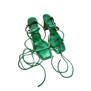 FRAME Metallic Green Strappy Wrap Around Square Toe Block Heel Sandals 39 9